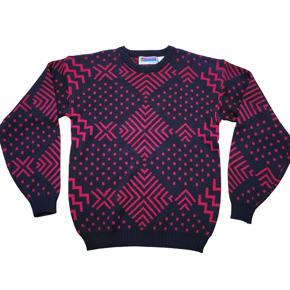 Sweater Graphix M Crewneck Sweater Black Red Geometric‎ Vintage 80s Granny Cozy